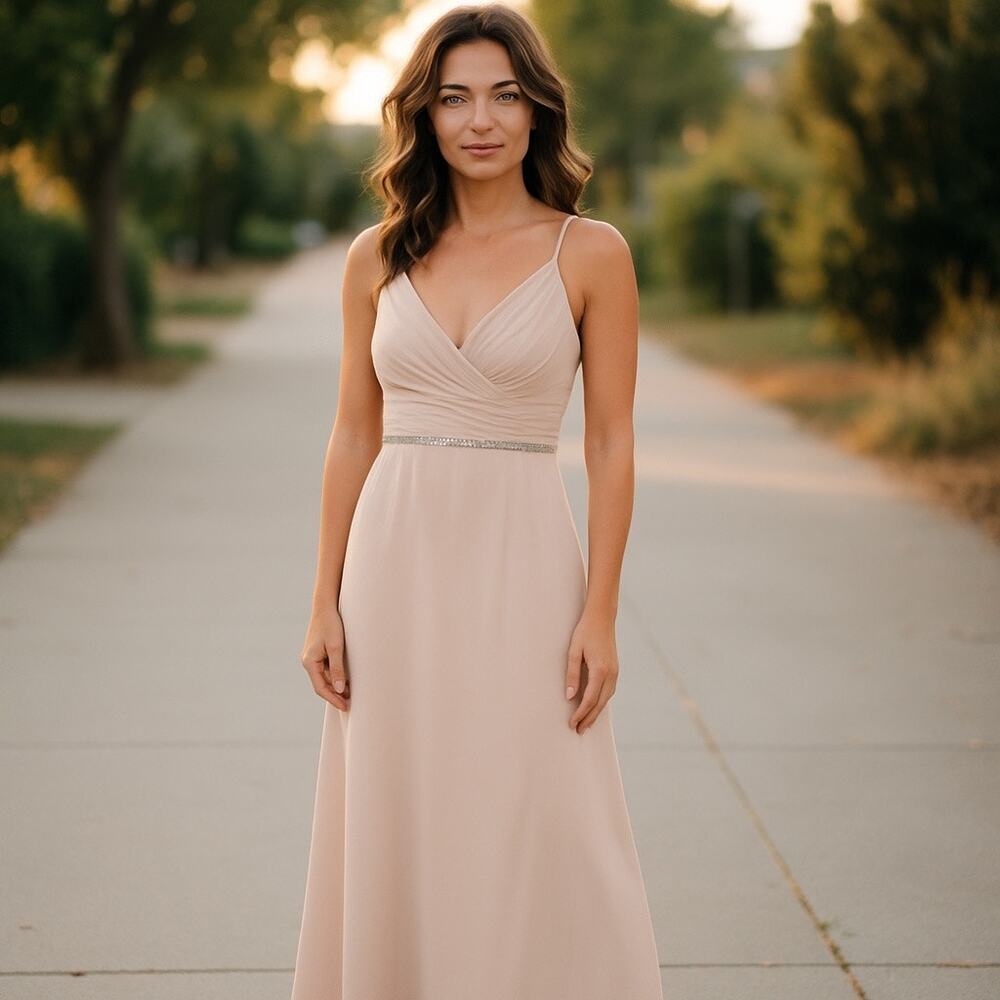 Monique Lhuillier Embellished Wrap V Neck Blush Maxi Dress Size 6 NWT
